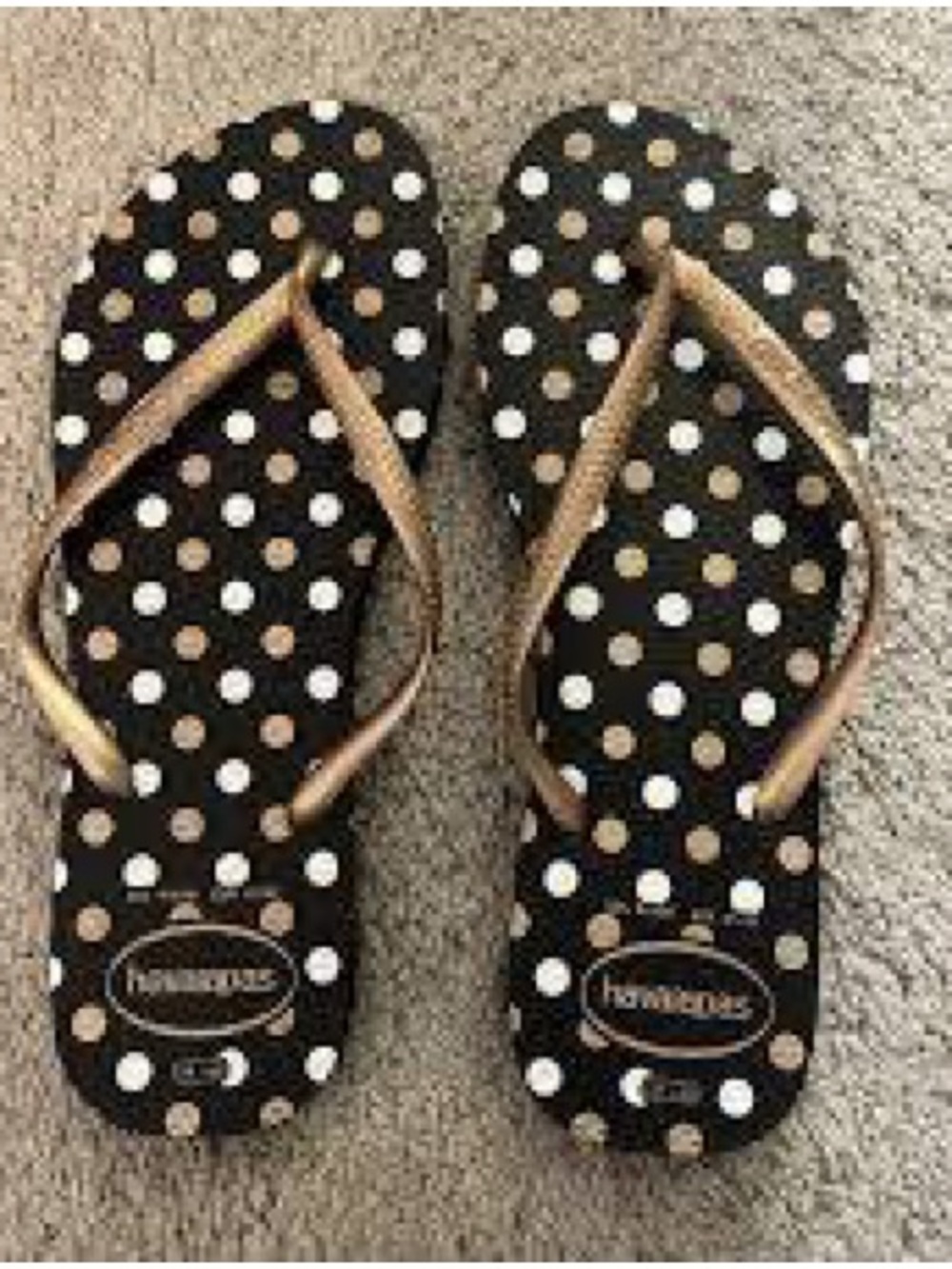 Havaianas Black Polka Dot Flip Flops with Gold Straps